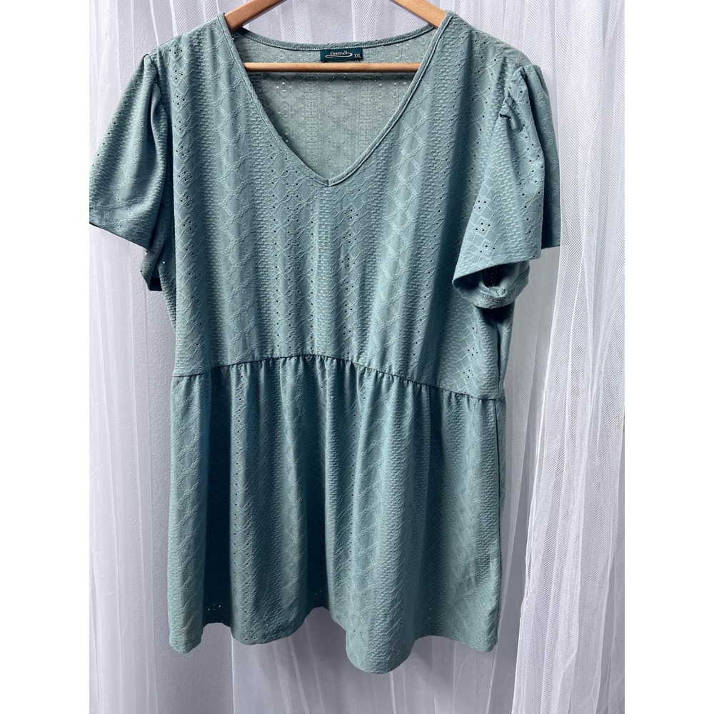 Ofeefan Womens XXL Sage Green Eyelet Knit V-Neck Babydoll Peplum Tunic Top